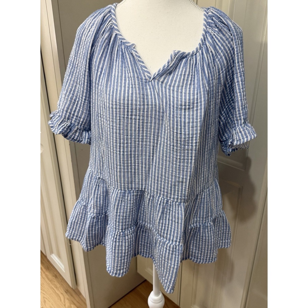 Beachlunchlounge Blue White Stripe Seersucker Peplum‎ Top Boho Ruffle Cotton L